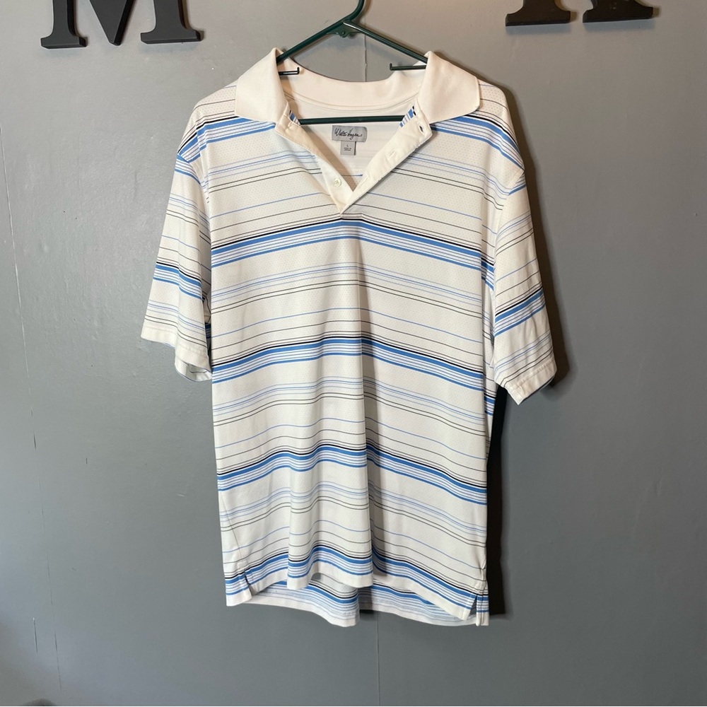 Walter Hagen Men's White and Blue Striped Polo Shirt size large golf